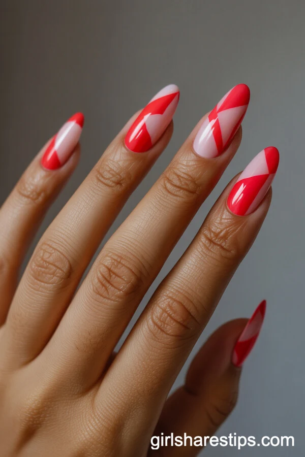 Modern Geometric Pink and Red Almond Nails