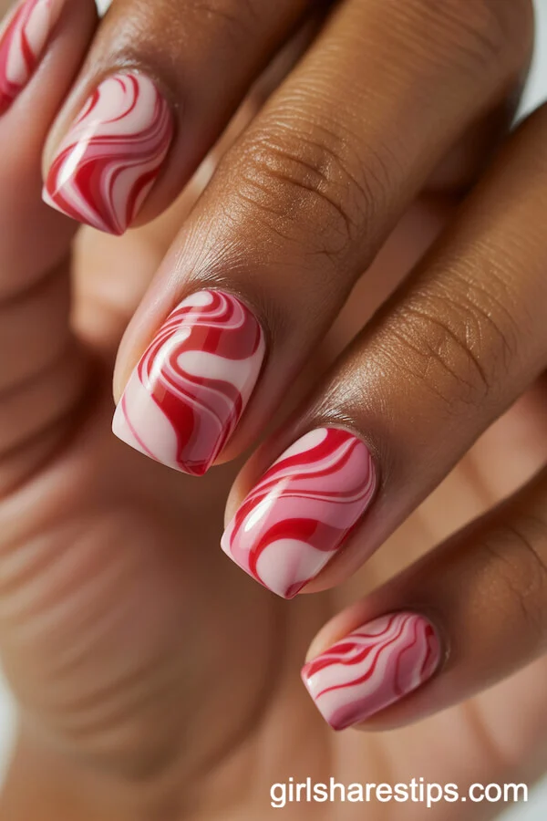 Pink and Red Tie-Dye Swirl Short Square Nails