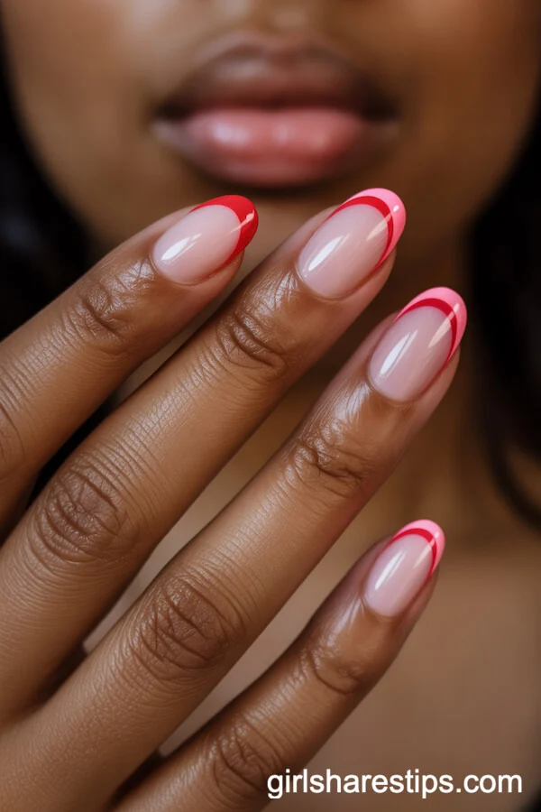 Short Round Nails with Pink Base and Red & Pink Heart Tips