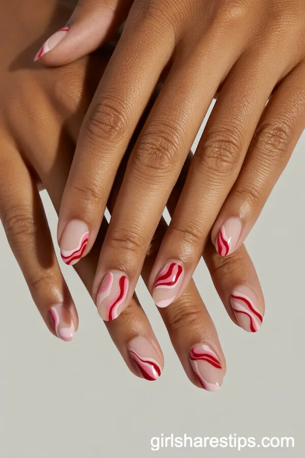 Artistic Pink and Red Swirl Nails on Medium Ovals