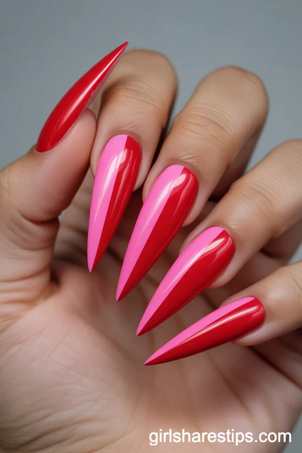 Vertical Hot Pink and Red Split Stiletto Nails