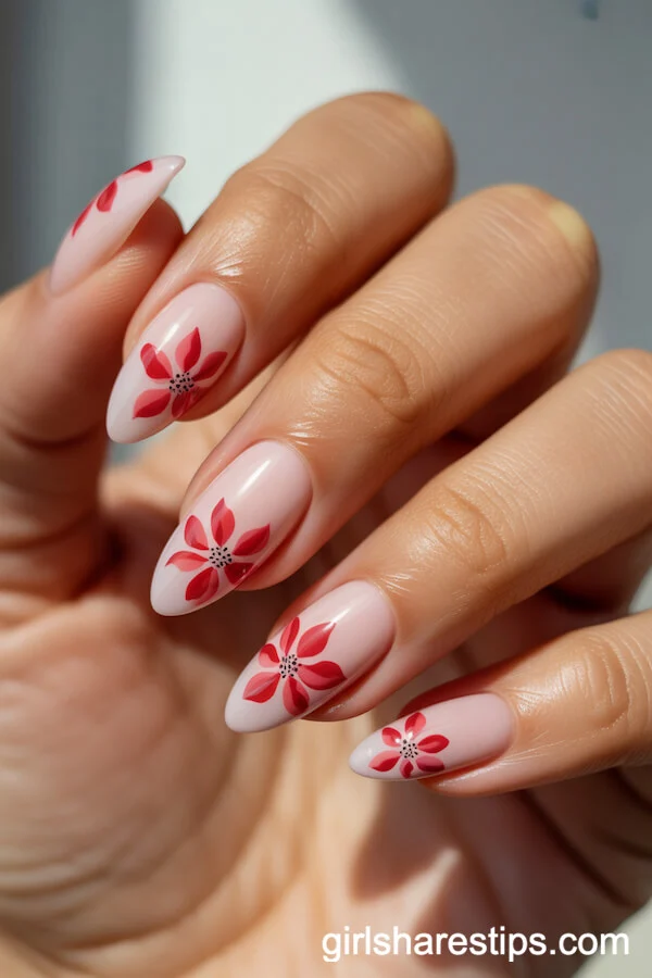 Pale Pink Almond Nails with Red Floral Artwork