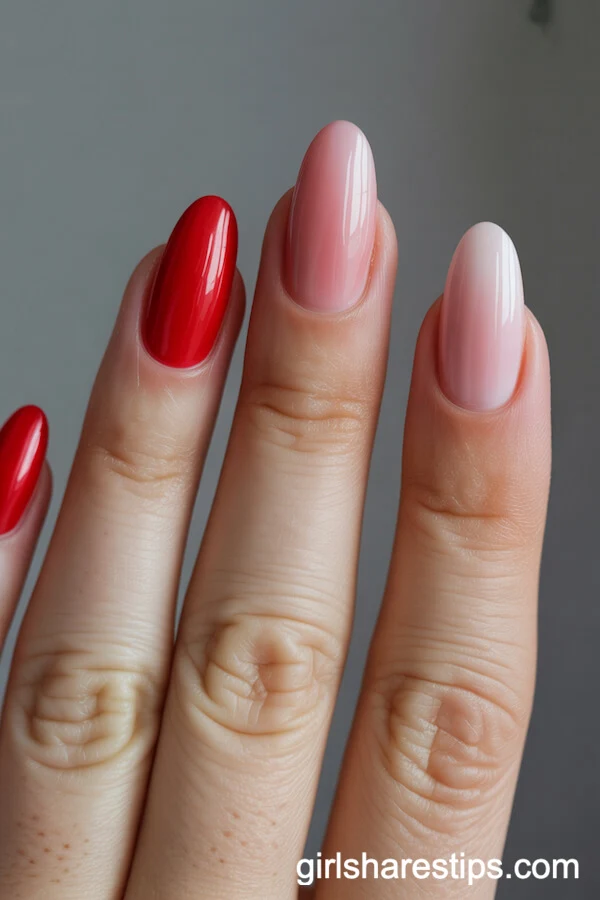 Vertical Red-to-Pink Ombre on Medium Round Nails