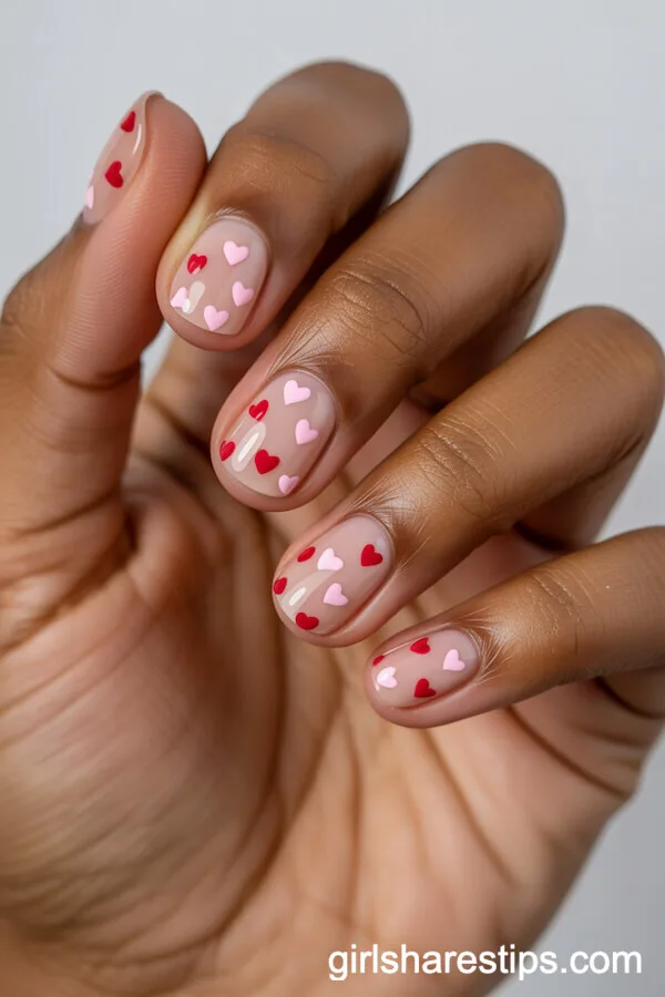 Nude Short Nails with Scattered Pink and Red Hearts