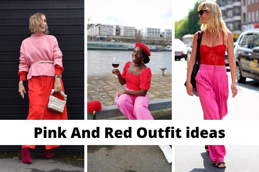 collage of pink and red outfit ideas for women