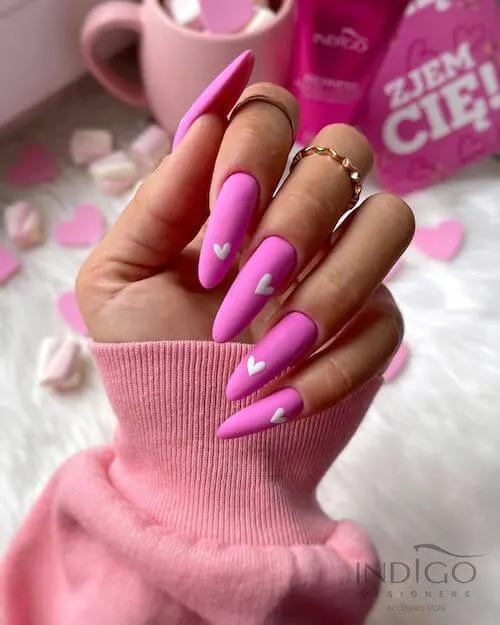 Pink Base And White Heart Nails
