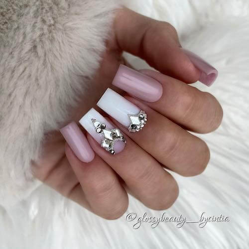 Pink And White Nails With Rhinestones