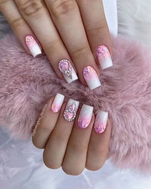 Coffin pink and white nail designs