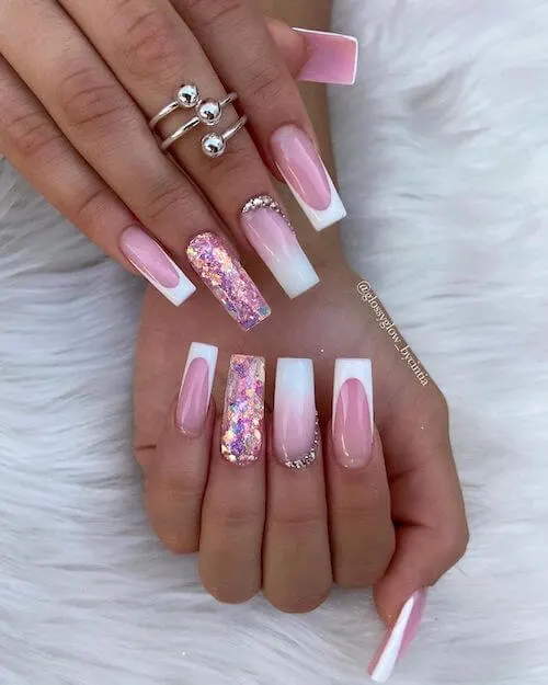 White And Pink Glitter Nails