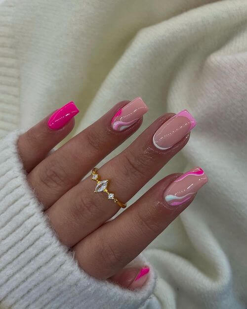 Coffin pink and white nail designs
