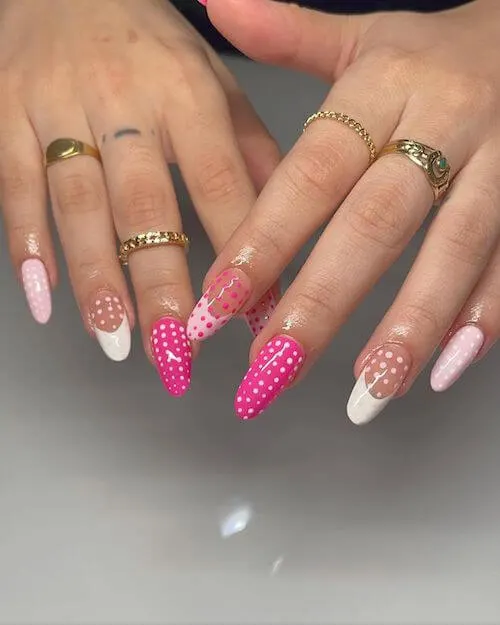 Pink Base And White Dots Nails