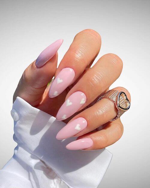 Pink Base And White Heart Nails
