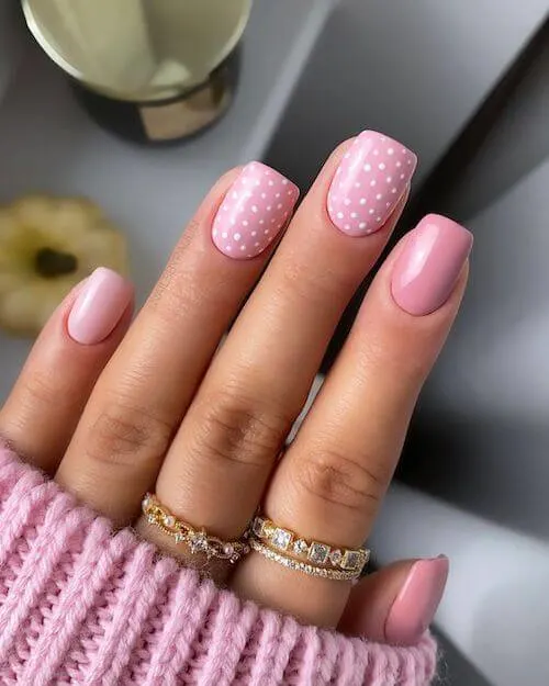 Pink Base And White Dots Nails