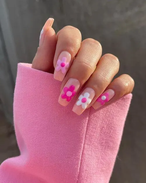 Pink And White Flower Nails