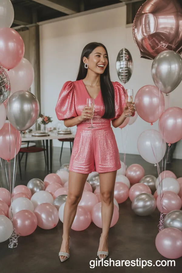 Sparkly Pink Romper With Puffed Sleeves