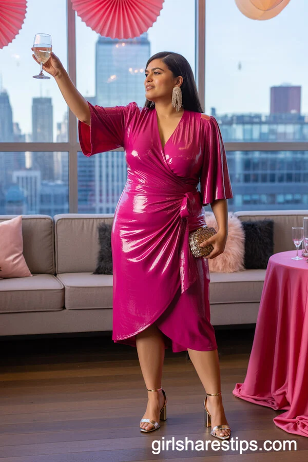 Glossy Metallic Pink Wrap Dress