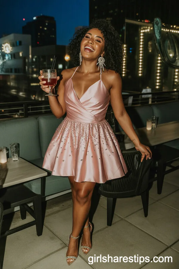 Glitzy Pink Satin Mini Dress With Crystal Accessories