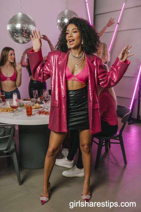 Oversized Hot Pink Sequin Blazer Black Leather Mini Skirt