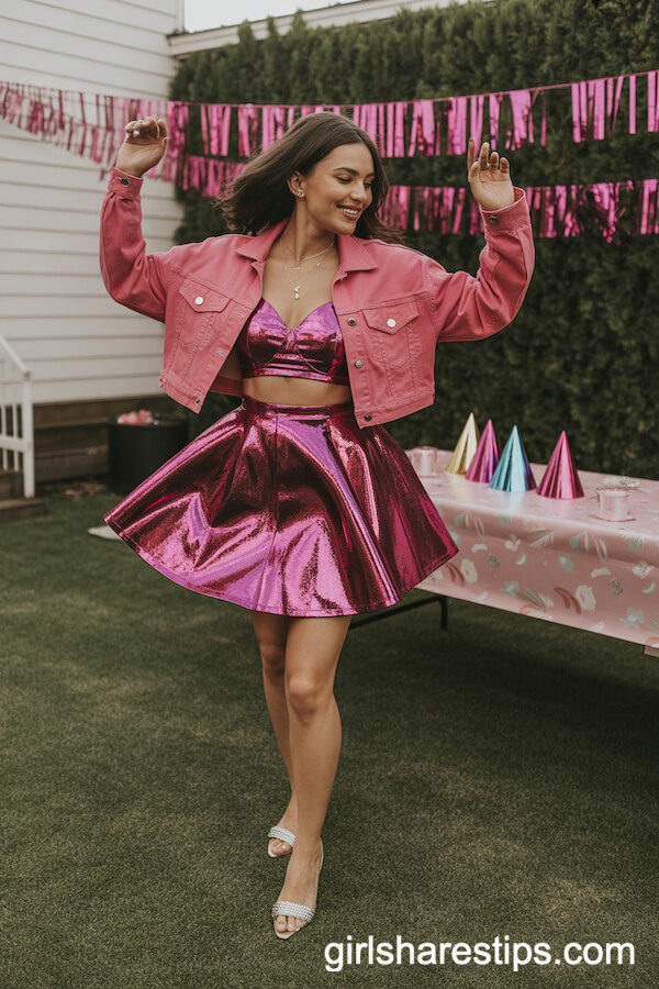Cropped Pink Metallic Mini Dress & Denim Jacket