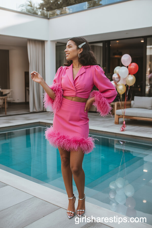 Shocking Pink Two-Piece Outfit With Feather Trim