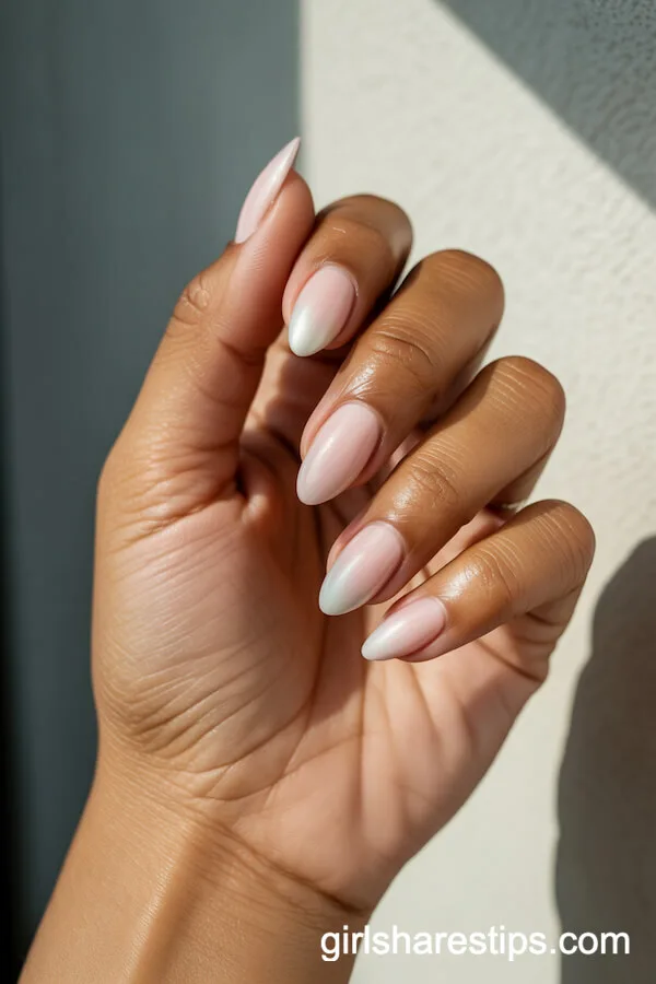 Pastel Pink to White Ombre Almond Beach Nails