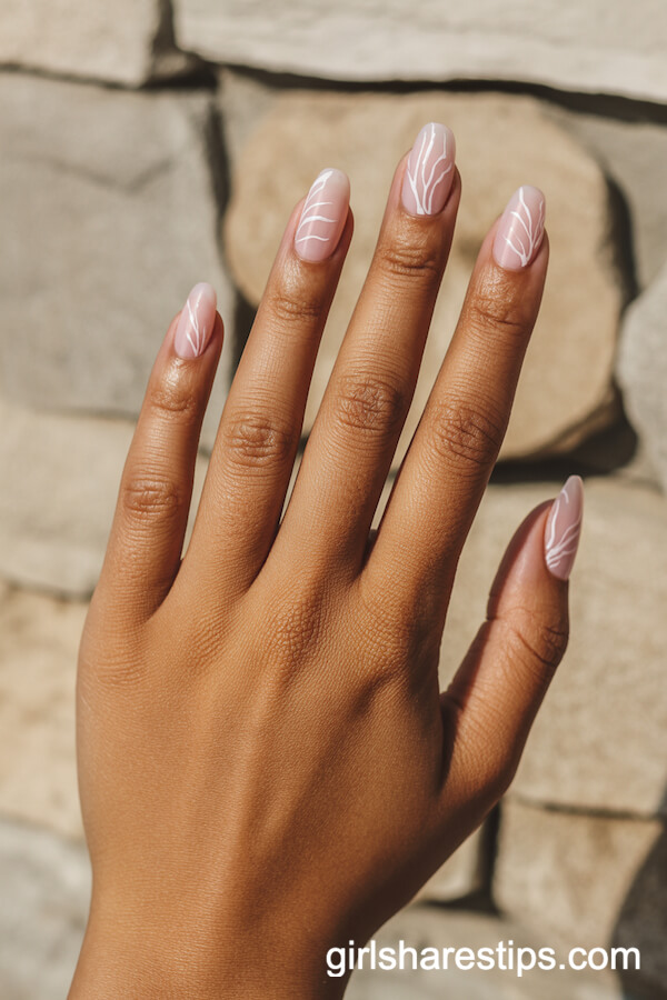 Sheer Pink Squoval Nails with Coral Line Art