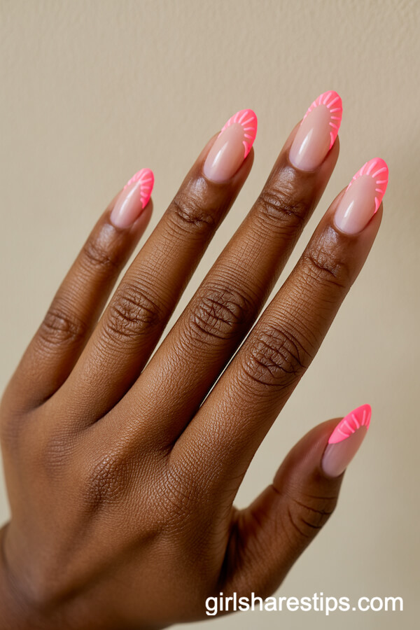 Neon Pink Shell-Tip Almond Nails
