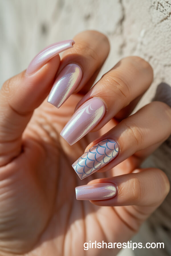 Iridescent Pink Coffin Nails with Mermaid Scales