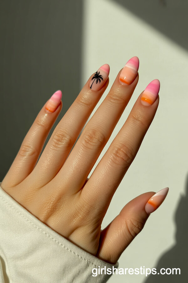 Sunset Gradient Almond Nails with Palm Tree Accent