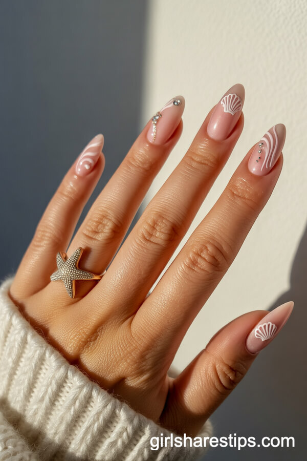 Shimmery Seashell and Swirl Pink Almond Nails