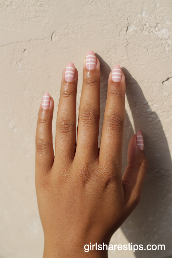 Light Pink Nautical Striped Almond Nails