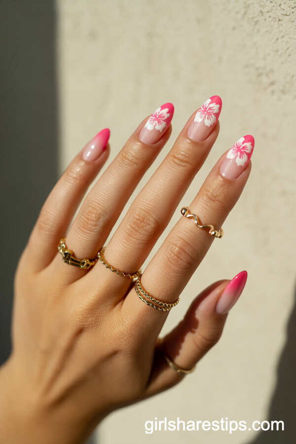 Pink Ombre Almond Nails with Hibiscus Flower Art