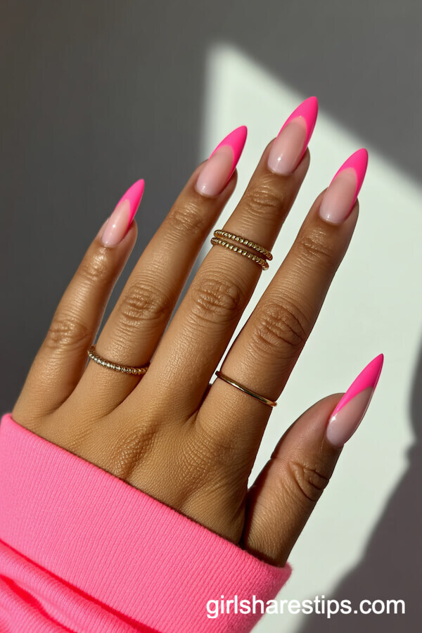 Neon Pink & Nude Outlined Stiletto Nails