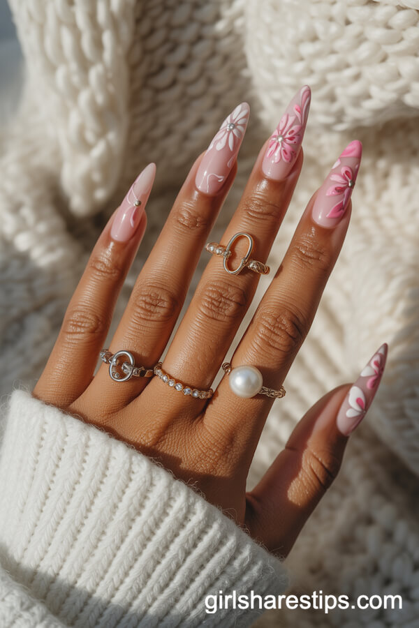 Pink and White Floral Stiletto Beach Nails