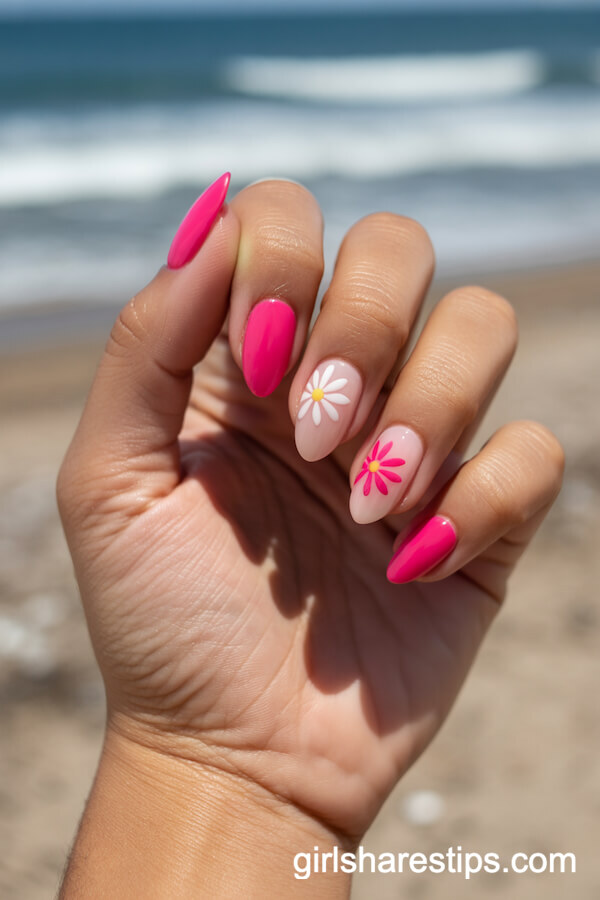 Hot Pink Daisy Accent Almond Beach Nails