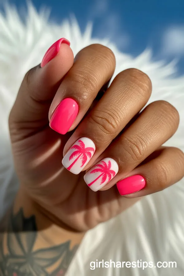 Neon Pink Square Nails with Palm Tree Accents