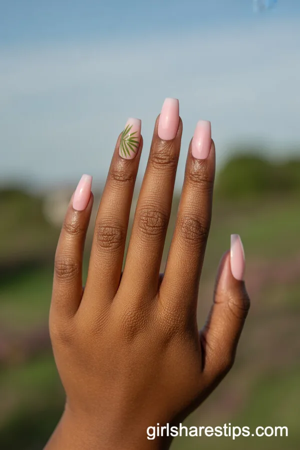 Soft Pink Coffin Nails with Palm Leaf Accent