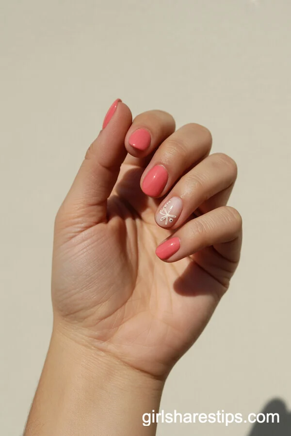 Medium Pink Short Round Nails with Starfish Art