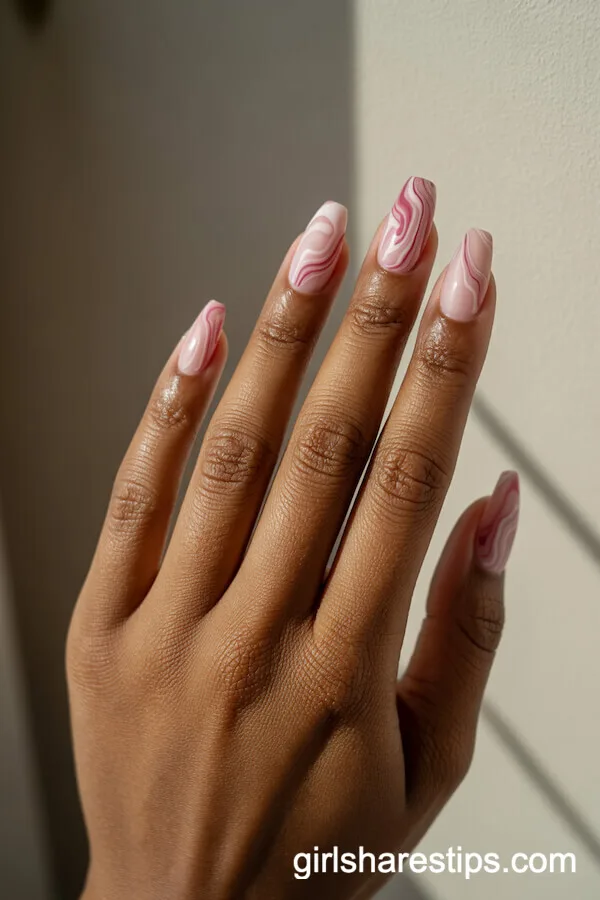 Pink and White Marble Ballerina Nails