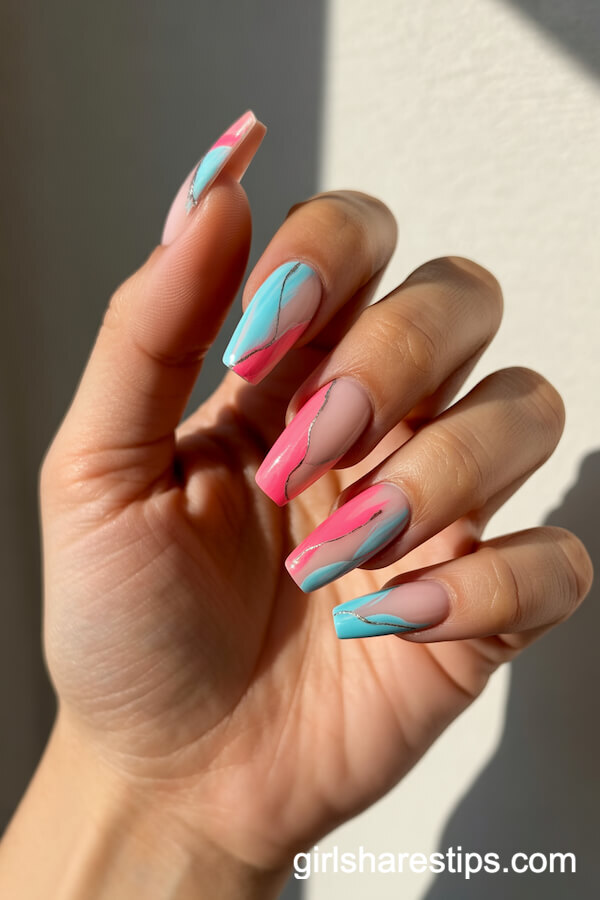Bold Pink & Aqua Abstract Beach Art Coffin Nails