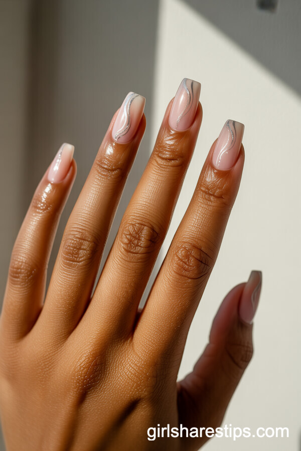 Glossy Pale Pink Square Nails with Silver Waves