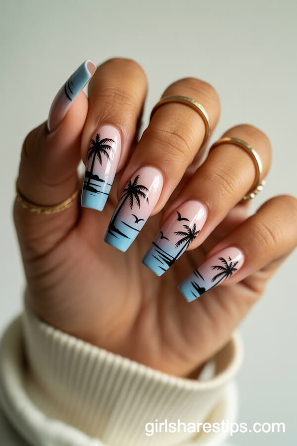 Pink-Blue Ombre Coffin Nails with Palm & Bird Sunset