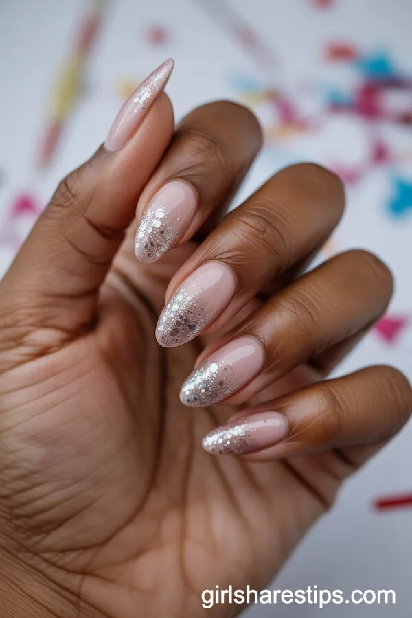 Pink to Silver Glitter Ombre Almond Nails