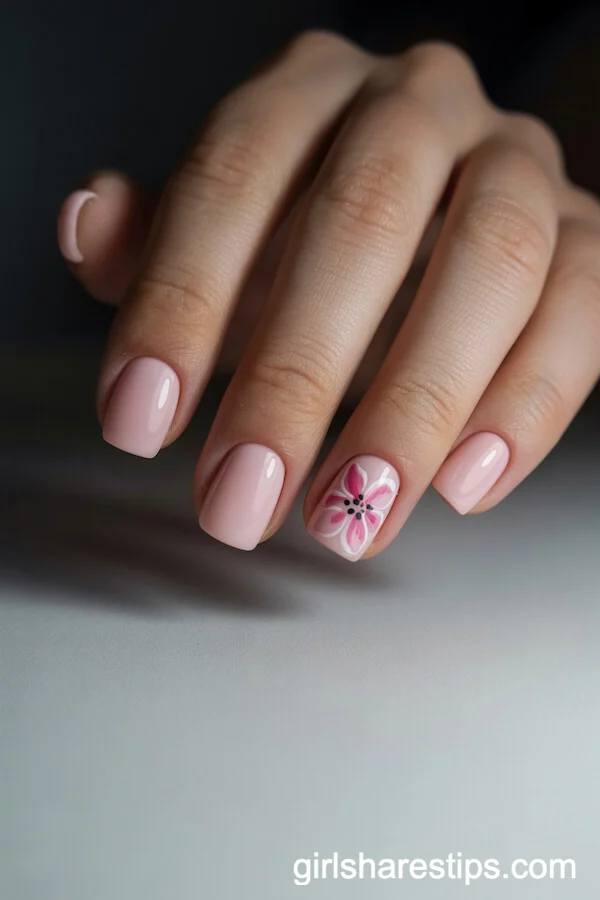 Pastel Pink Short Square Nails with Floral Accent
