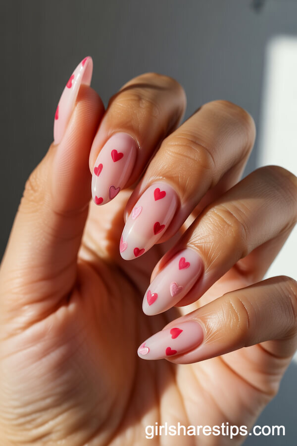 Sheer Pink Almond Nails with Tiny Hearts