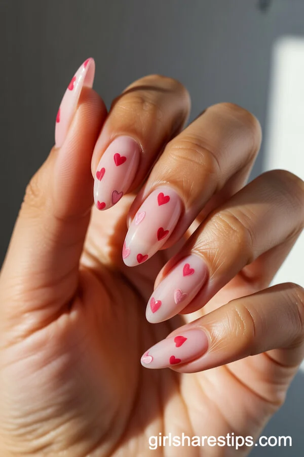 Sheer Pink Almond Nails with Tiny Hearts