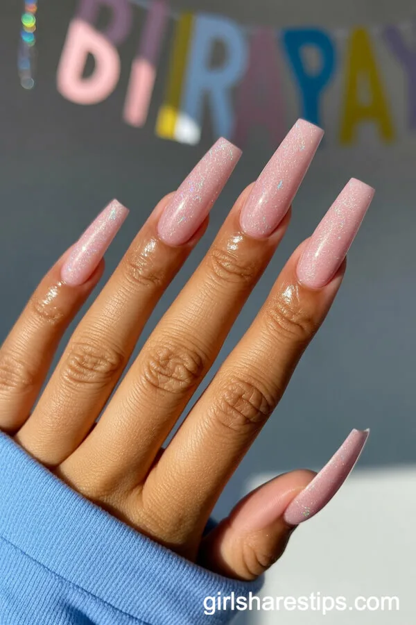 Extra Long Pink Holographic Glitter Coffin Nails