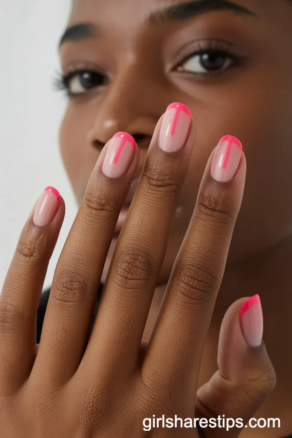 Nude Pink Short Round Nails with Hot Pink Stripe