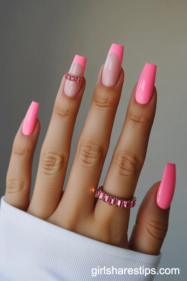 Glossy Bubblegum Pink Tapered Square Nails with Rhinestones