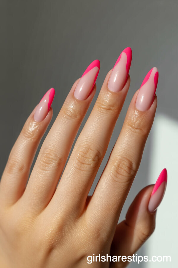Milky Pink Almond Nails with Neon Pink Flames